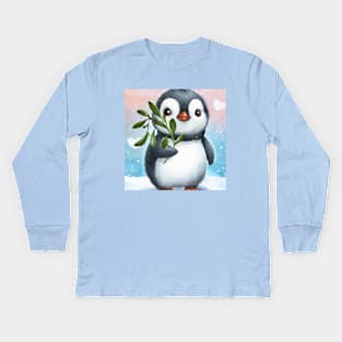 Penguin- Pucker up. Cute penguin with mistletoe Kids Long Sleeve T-Shirt